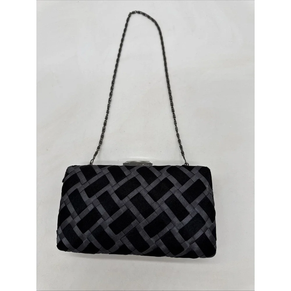 Lulu Townsend Black‎ Gray Evening Purse Chain Strap Fabric Rectangle